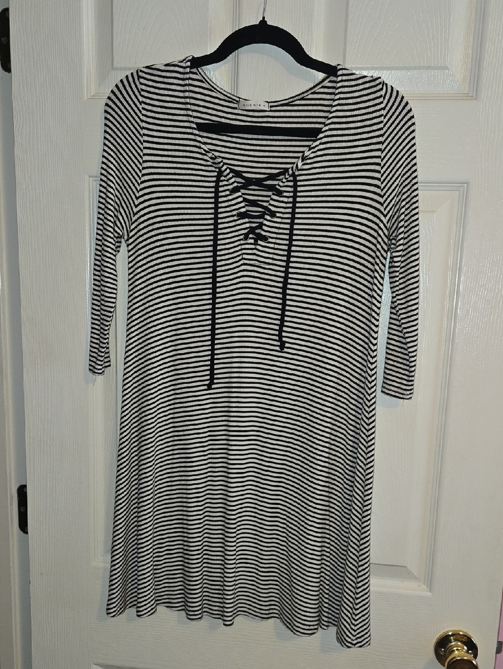 Cherish Black & White Striped Lace-Up Long Sleeve Dress